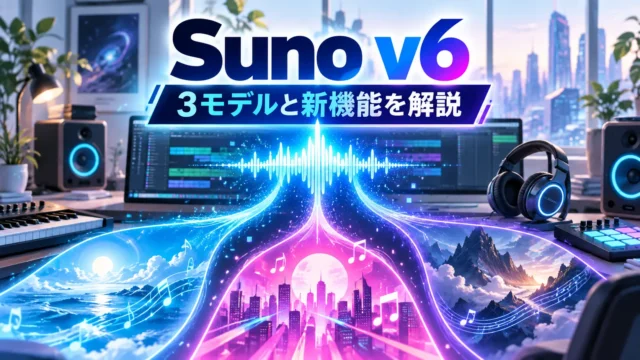 Suno v6の3モデルと新機能を紹介するAI音楽制作イメージ
